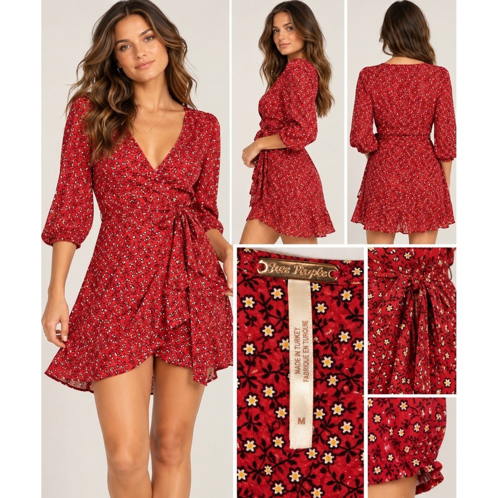 Free People Red Floral Deep V-Neck Wrap Mini Dress Size M Three-Quarter Sleeve